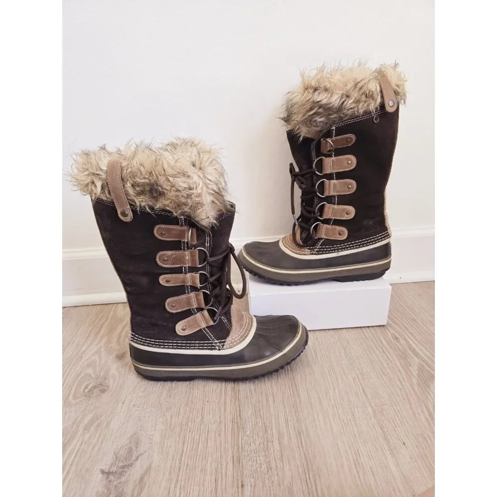 Sorel Joan Of Arctic Waterproof Snow Winter Boots 9 Brown Faux Fur Leather